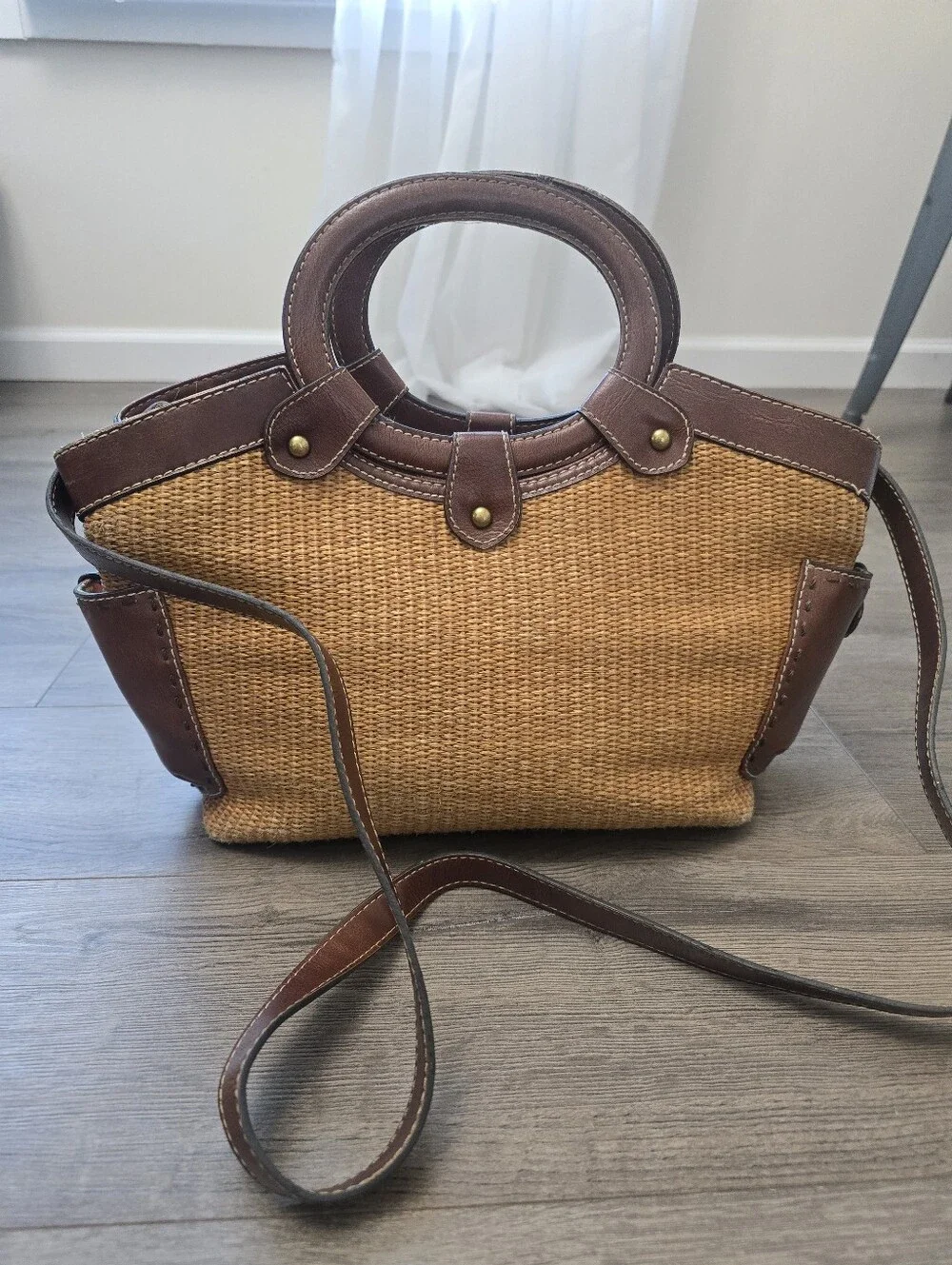 Fossil woven straw and brown leather trim satchel Vintage Cottagecore Fisherman